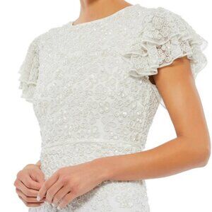 Mac Duggal (187) Floral Embellished Flutter Sleeve Midi Dress White Beaded Sz 0